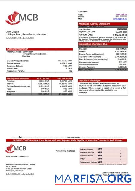 Printable Mauritius Commercial Bank Limited mortgage statement Word and PDF template